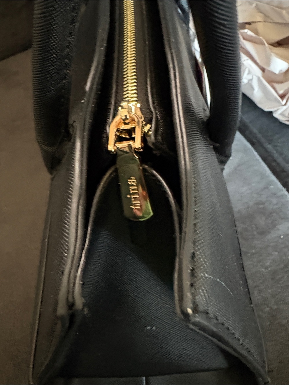 Trina Turk Black Leather Double-Handle Satchel with Gold Zip - Picture 6 of 10